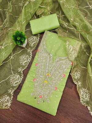 green weaved chanderi butti unstitched dress material  3