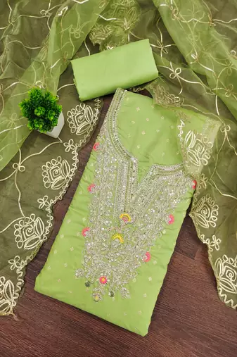 green weaved chanderi butti unstitched dress material 