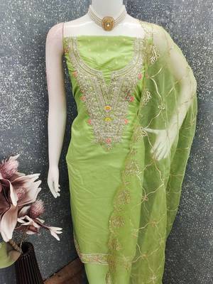 green weaved chanderi butti unstitched dress material  4