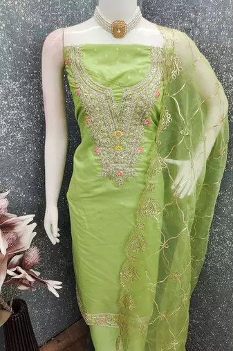 green weaved chanderi butti unstitched dress material 