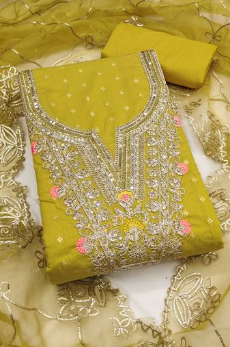 yellow weaved chanderi butti unstitched dress material 
