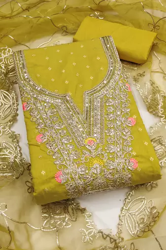 yellow weaved chanderi butti unstitched dress material 