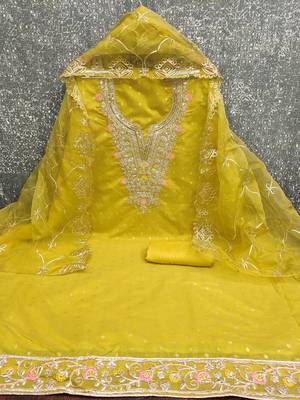 yellow weaved chanderi butti unstitched dress material  2