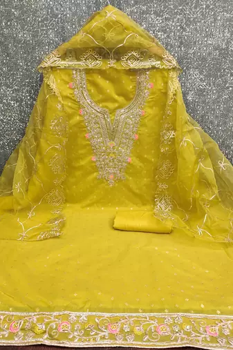 yellow weaved chanderi butti unstitched dress material 