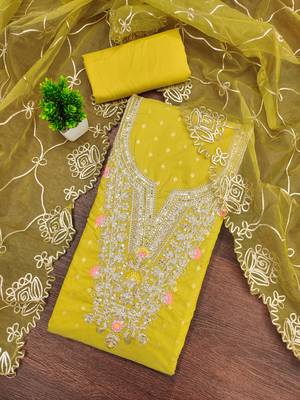 yellow weaved chanderi butti unstitched dress material  3