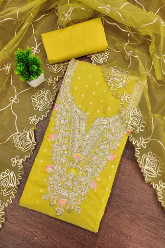 yellow weaved chanderi butti unstitched dress material 