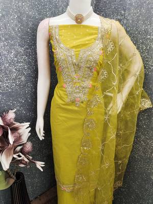 yellow weaved chanderi butti unstitched dress material  4