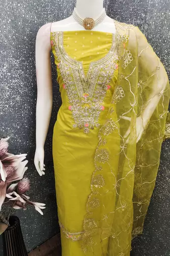 yellow weaved chanderi butti unstitched dress material 