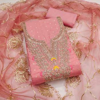 pink weaved chanderi butti unstitched dress material  1