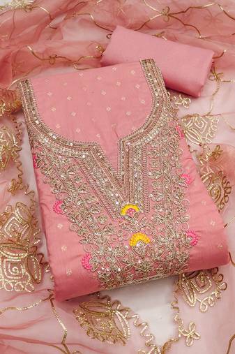 pink weaved chanderi butti unstitched dress material 