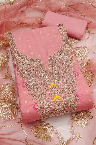 pink weaved chanderi butti unstitched dress material 