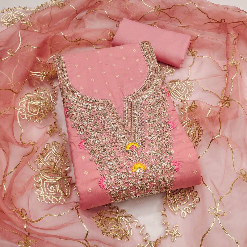 pink weaved chanderi butti unstitched dress material 