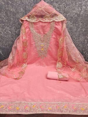 pink weaved chanderi butti unstitched dress material  2