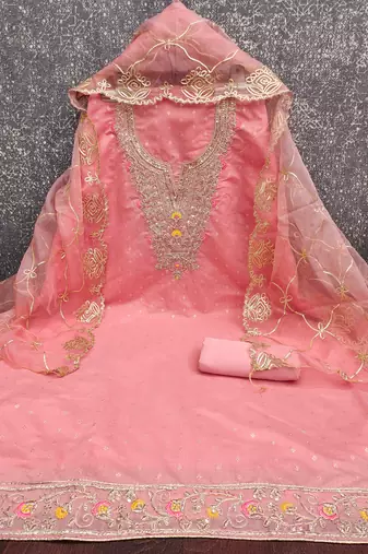 pink weaved chanderi butti unstitched dress material 