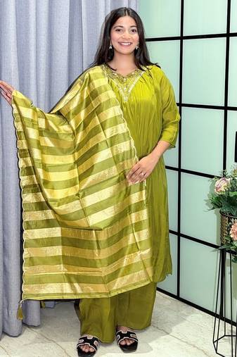 mehendi color handwork neckline mull chanderi kurti palazzo set