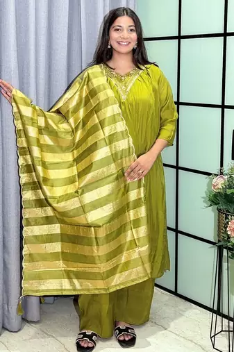 mehendi color handwork neckline mull chanderi kurti palazzo set