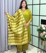 mehendi color handwork neckline mull chanderi kurti palazzo set