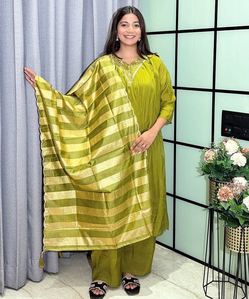 mehendi color handwork neckline mull chanderi kurti palazzo set