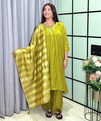 mehendi color handwork neckline mull chanderi kurti palazzo set 2