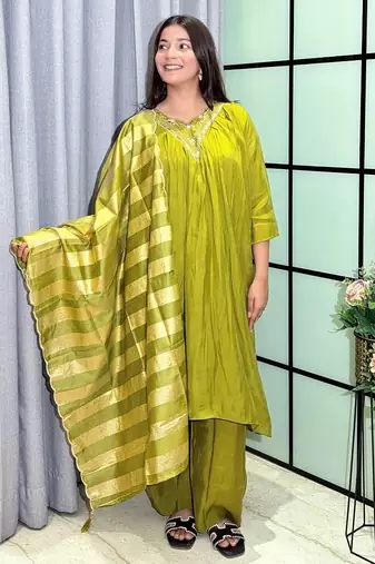 mehendi color handwork neckline mull chanderi kurti palazzo set