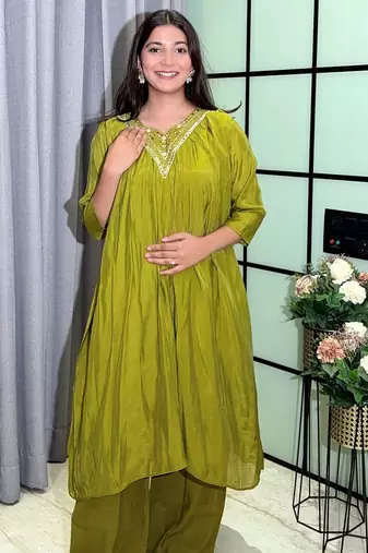 mehendi color handwork neckline mull chanderi kurti palazzo set