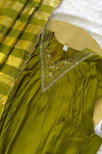 mehendi color handwork neckline mull chanderi kurti palazzo set