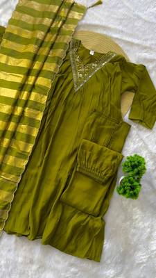 mehendi color handwork neckline mull chanderi kurti palazzo set 5