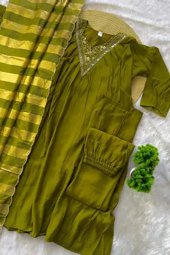 mehendi color handwork neckline mull chanderi kurti palazzo set