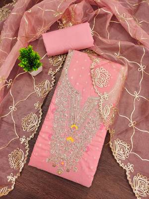pink weaved chanderi butti unstitched dress material  3