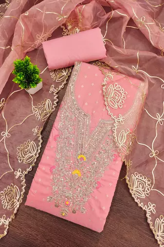 pink weaved chanderi butti unstitched dress material 