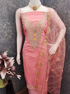 pink weaved chanderi butti unstitched dress material  4