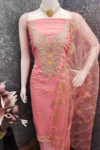 pink weaved chanderi butti unstitched dress material 
