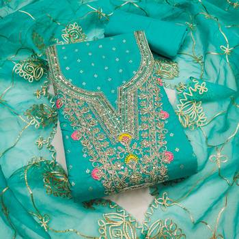 sea green weaved chanderi butti unstitched dress material  1