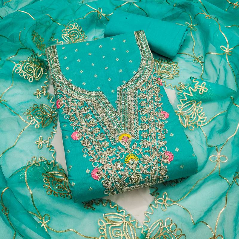sea green weaved chanderi butti unstitched dress material 