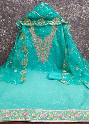 sea green weaved chanderi butti unstitched dress material  2