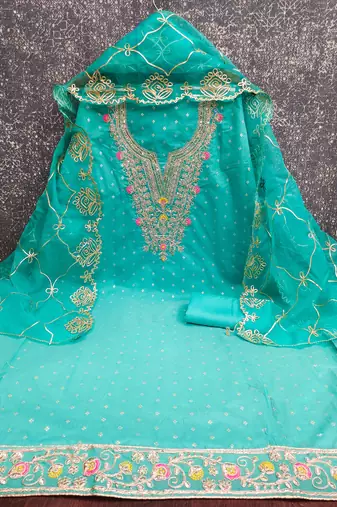 sea green weaved chanderi butti unstitched dress material 