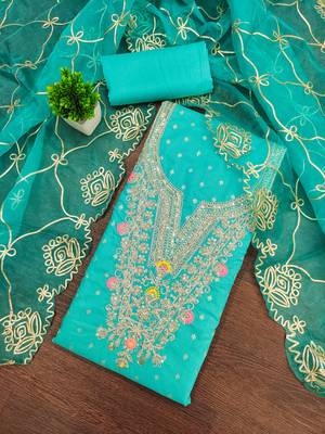 sea green weaved chanderi butti unstitched dress material  3