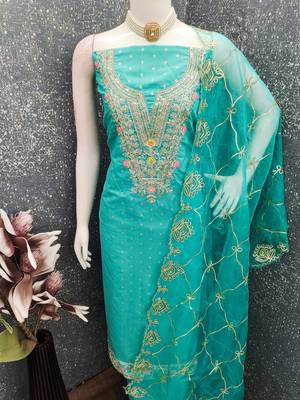 sea green weaved chanderi butti unstitched dress material  4