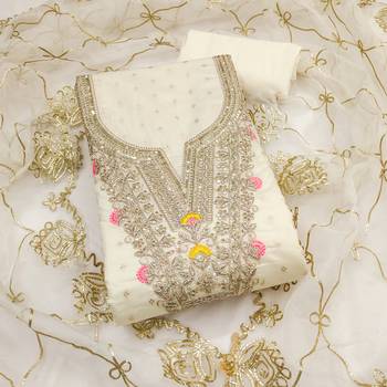 white weaved chanderi butti unstitched dress material  1