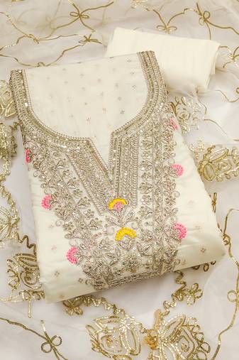 white weaved chanderi butti unstitched dress material 
