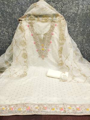 white weaved chanderi butti unstitched dress material  2