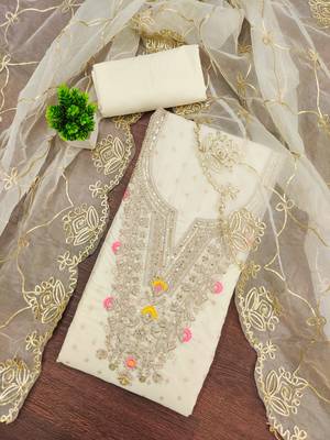 white weaved chanderi butti unstitched dress material  3