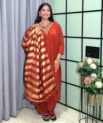 orange color handwork neckline mull chanderi kurti palazzo set 1