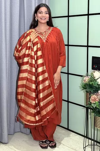 orange color handwork neckline mull chanderi kurti palazzo set
