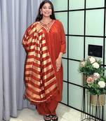 orange color handwork neckline mull chanderi kurti palazzo set