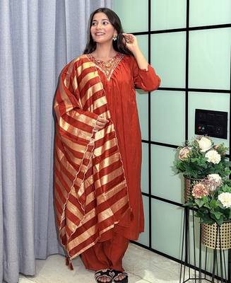 orange color handwork neckline mull chanderi kurti palazzo set 2