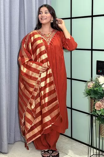 orange color handwork neckline mull chanderi kurti palazzo set
