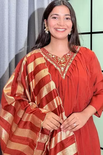 orange color handwork neckline mull chanderi kurti palazzo set