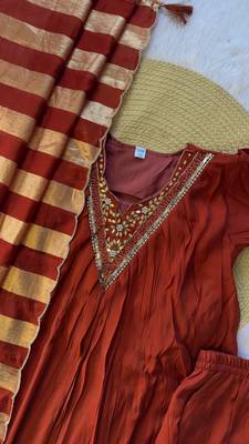 orange color handwork neckline mull chanderi kurti palazzo set 4