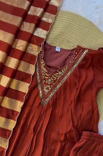 orange color handwork neckline mull chanderi kurti palazzo set